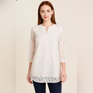 Tyler Boe, Womenโs White Lace Tunic, Top- Size Medium.